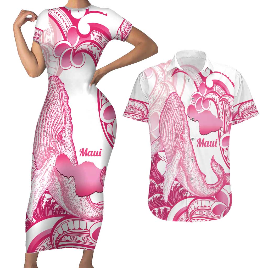 Aloha Hawaii Maui Couples Matching Short Sleeve Bodycon Dress and Hawaiian Shirt Valley Isle Humpback Whale White