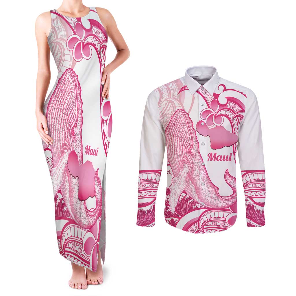Aloha Hawaii Maui Couples Matching Tank Maxi Dress and Long Sleeve Button Shirt Valley Isle Humpback Whale White