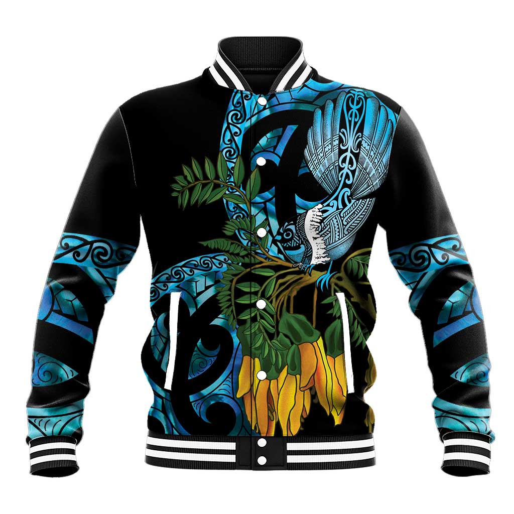 Turquoise New Zealand Kowhai And Piwakawaka Baseball Jacket Maori Ngaru Paua Shell