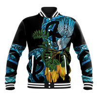 Turquoise New Zealand Kowhai And Piwakawaka Baseball Jacket Maori Ngaru Paua Shell