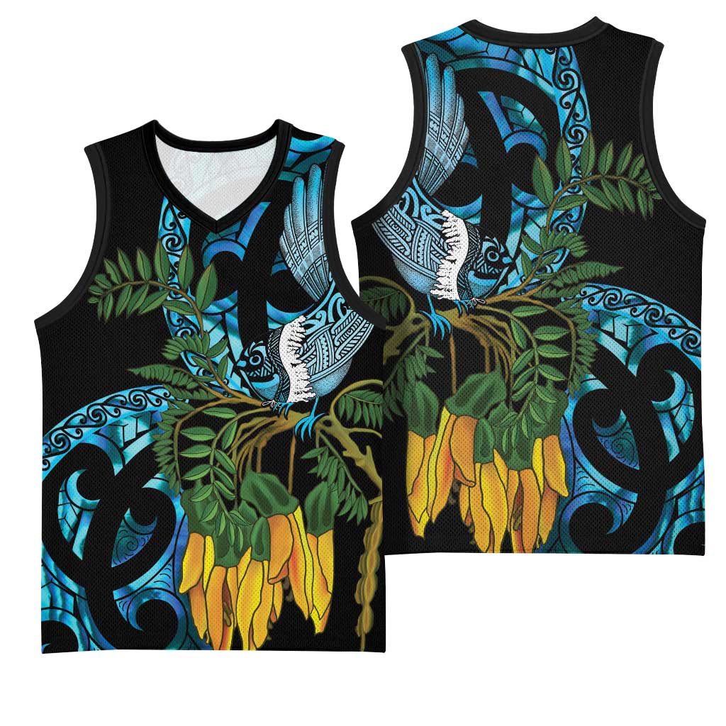 Turquoise New Zealand Kowhai And Piwakawaka Basketball Jersey Maori Ngaru Paua Shell - Polynesian Pride