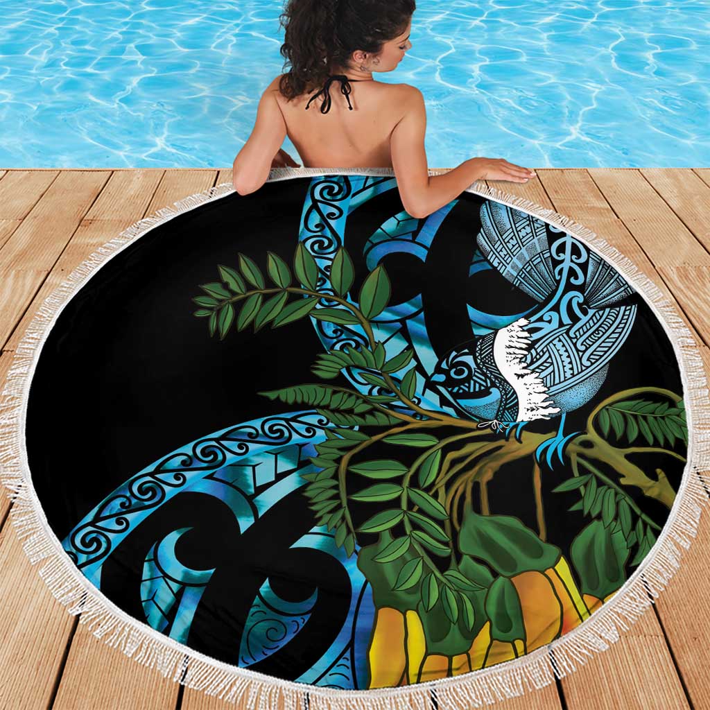 Turquoise New Zealand Kowhai And Piwakawaka Beach Blanket Maori Ngaru Paua Shell