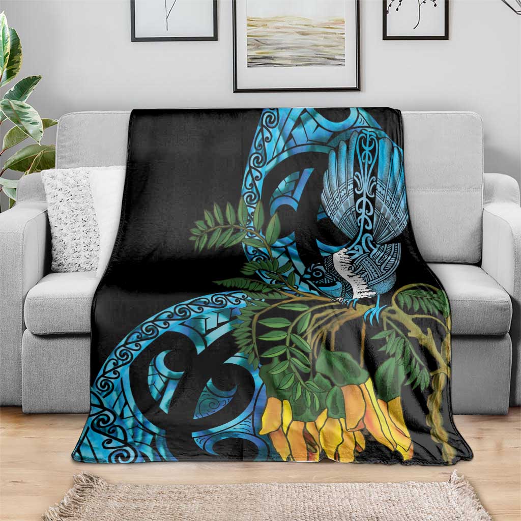 Turquoise New Zealand Kowhai And Piwakawaka Blanket Maori Ngaru Paua Shell