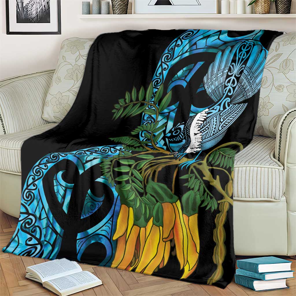 Turquoise New Zealand Kowhai And Piwakawaka Blanket Maori Ngaru Paua Shell