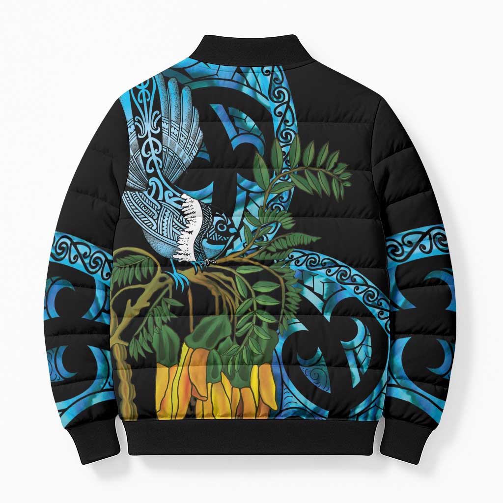 Turquoise New Zealand Kowhai And Piwakawaka Bomber Puffer Jacket Maori Ngaru Paua Shell - Polynesian Pride