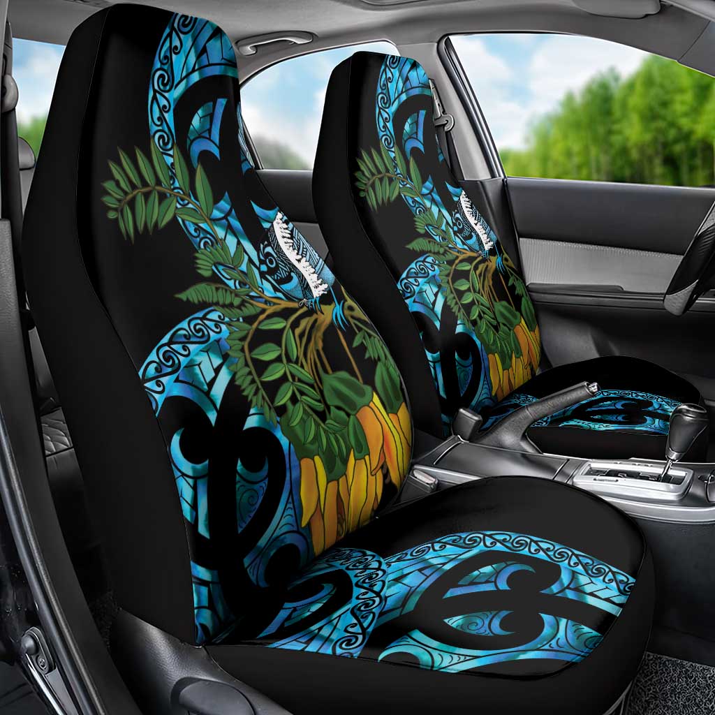 Turquoise New Zealand Kowhai And Piwakawaka Car Seat Cover Maori Ngaru Paua Shell