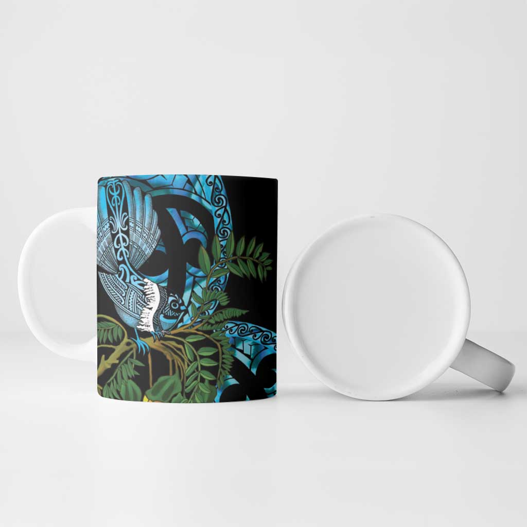Turquoise New Zealand Kowhai And Piwakawaka Ceramic Mug Maori Ngaru Paua Shell - Polynesian Pride