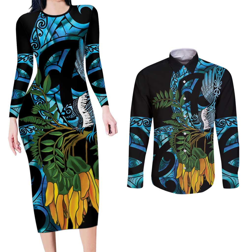 Turquoise New Zealand Kowhai And Piwakawaka Couples Matching Long Sleeve Bodycon Dress and Long Sleeve Button Shirt Maori Ngaru Paua Shell