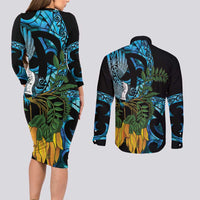 Turquoise New Zealand Kowhai And Piwakawaka Couples Matching Long Sleeve Bodycon Dress and Long Sleeve Button Shirt Maori Ngaru Paua Shell
