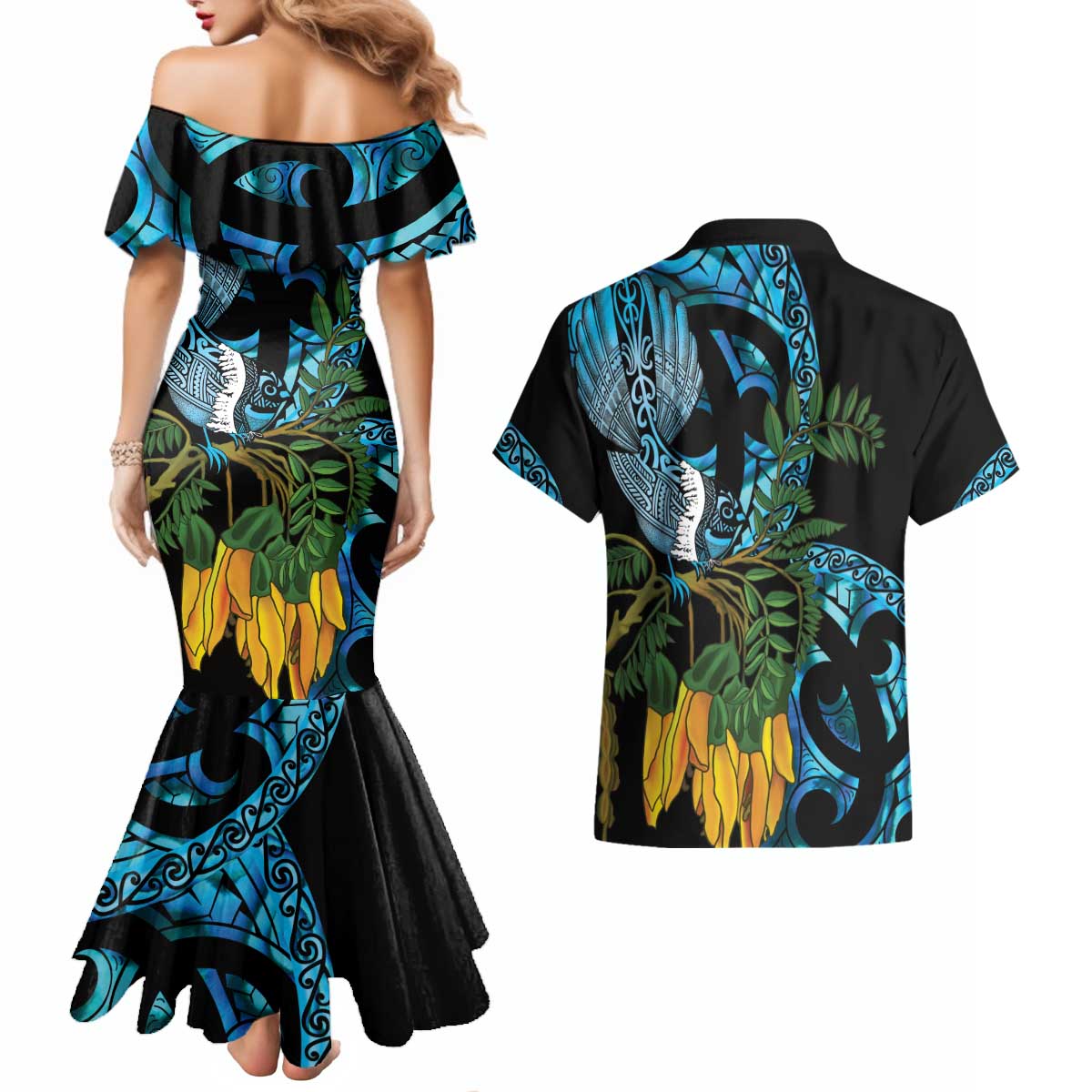 Turquoise New Zealand Kowhai And Piwakawaka Couples Matching Mermaid Dress and Hawaiian Shirt Maori Ngaru Paua Shell