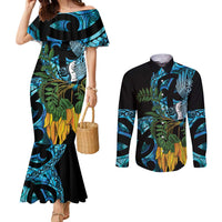 Turquoise New Zealand Kowhai And Piwakawaka Couples Matching Mermaid Dress and Long Sleeve Button Shirt Maori Ngaru Paua Shell