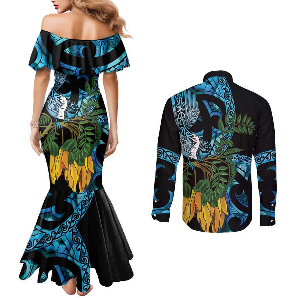 Turquoise New Zealand Kowhai And Piwakawaka Couples Matching Mermaid Dress and Long Sleeve Button Shirt Maori Ngaru Paua Shell