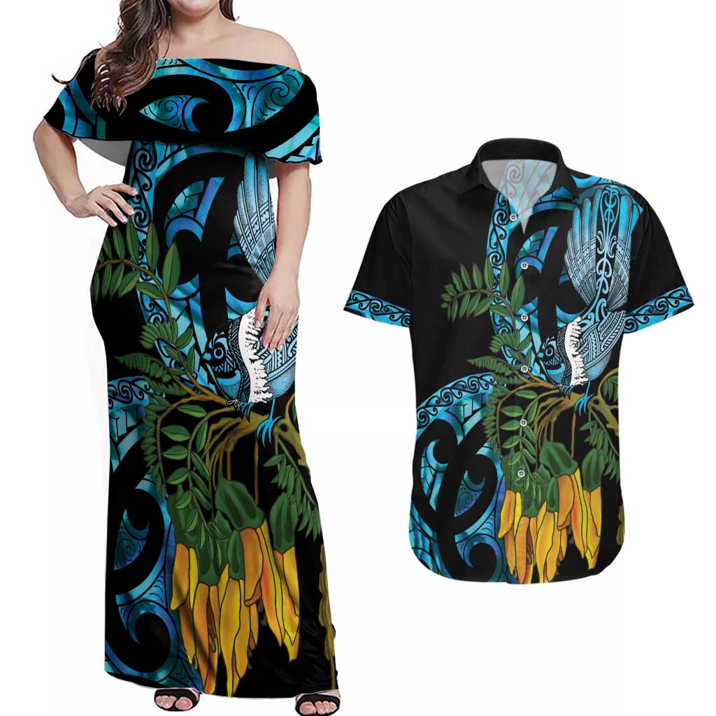 Turquoise New Zealand Kowhai And Piwakawaka Couples Matching Off Shoulder Maxi Dress and Hawaiian Shirt Maori Ngaru Paua Shell