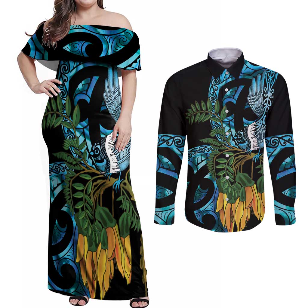 Turquoise New Zealand Kowhai And Piwakawaka Couples Matching Off Shoulder Maxi Dress and Long Sleeve Button Shirt Maori Ngaru Paua Shell