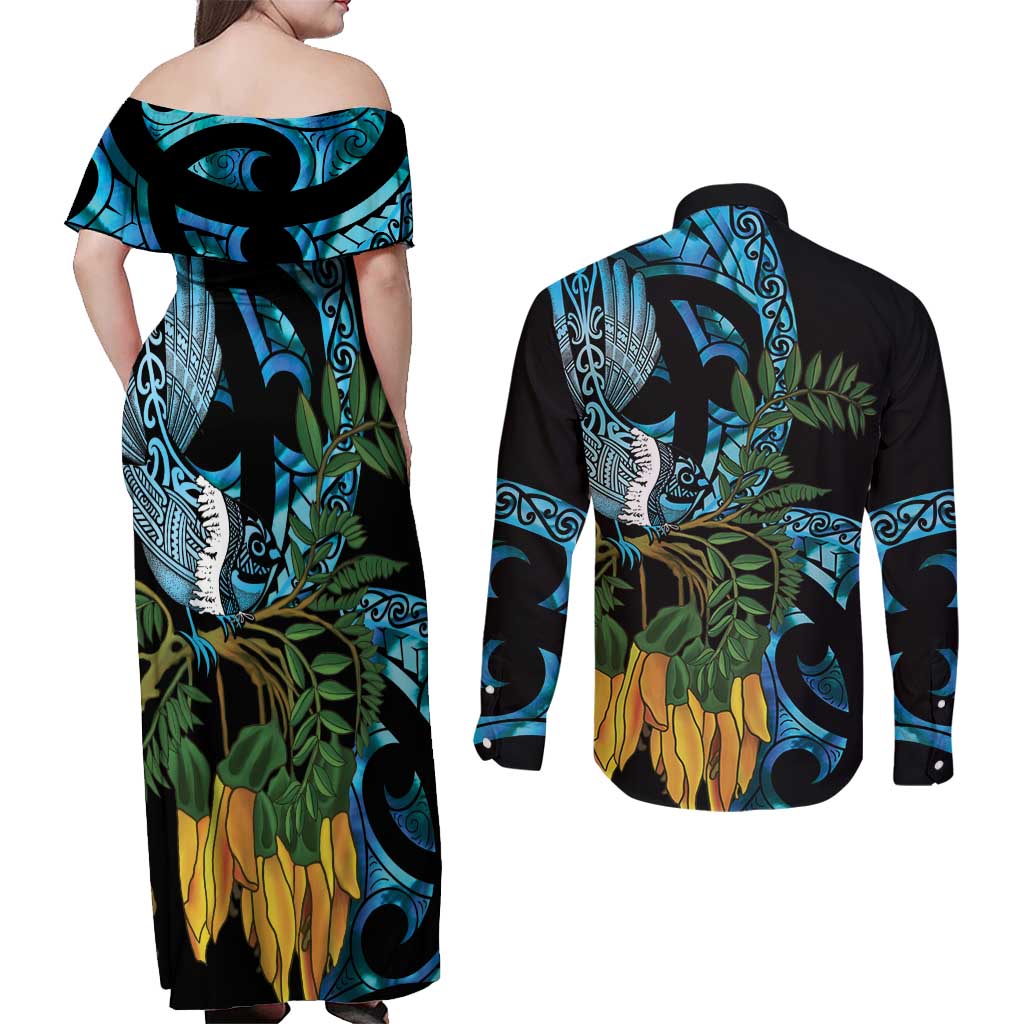 Turquoise New Zealand Kowhai And Piwakawaka Couples Matching Off Shoulder Maxi Dress and Long Sleeve Button Shirt Maori Ngaru Paua Shell