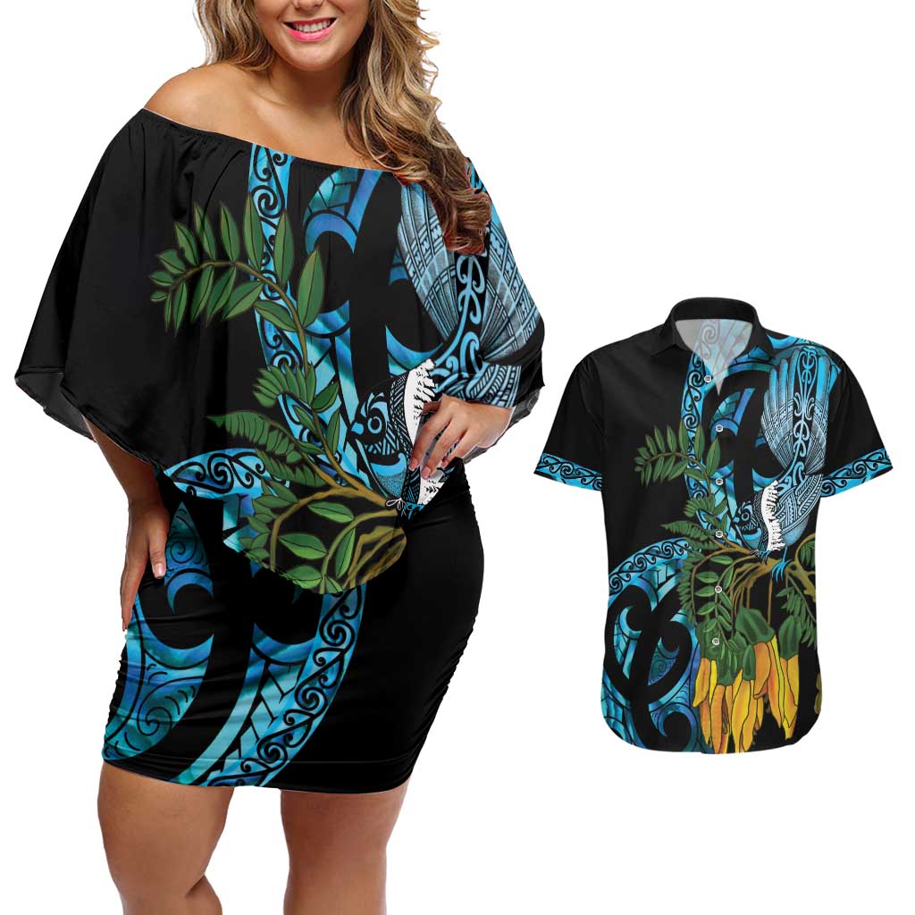Turquoise New Zealand Kowhai And Piwakawaka Couples Matching Off Shoulder Short Dress and Hawaiian Shirt Maori Ngaru Paua Shell