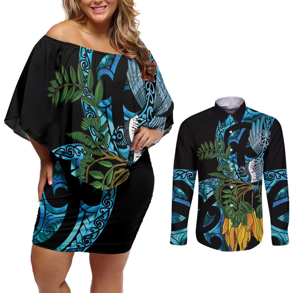 Turquoise New Zealand Kowhai And Piwakawaka Couples Matching Off Shoulder Short Dress and Long Sleeve Button Shirt Maori Ngaru Paua Shell
