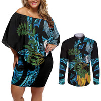 Turquoise New Zealand Kowhai And Piwakawaka Couples Matching Off Shoulder Short Dress and Long Sleeve Button Shirt Maori Ngaru Paua Shell
