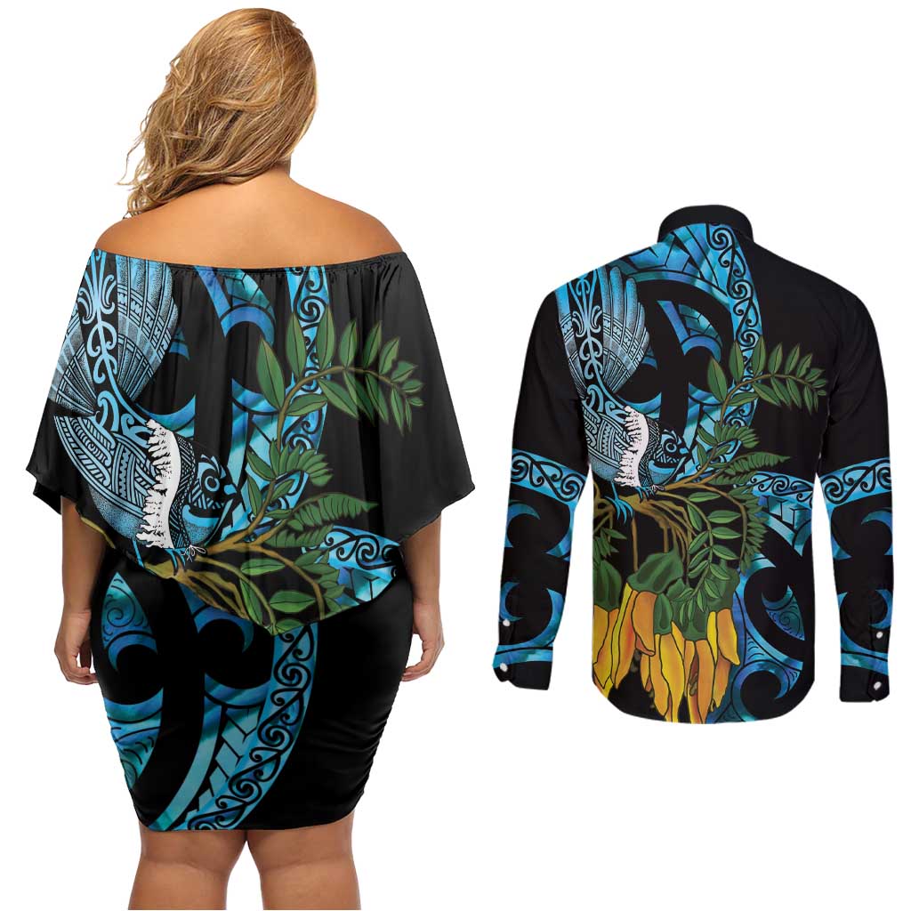 Turquoise New Zealand Kowhai And Piwakawaka Couples Matching Off Shoulder Short Dress and Long Sleeve Button Shirt Maori Ngaru Paua Shell