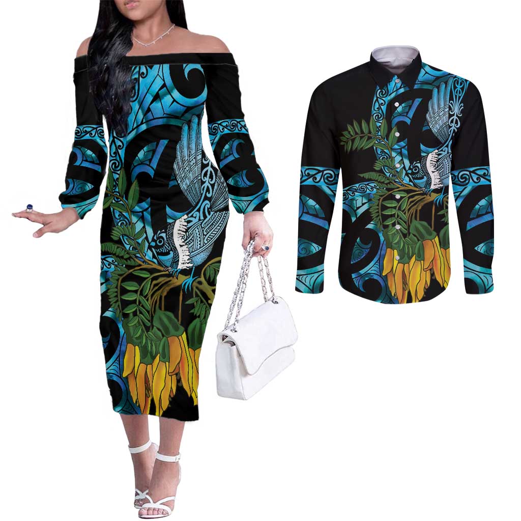 Turquoise New Zealand Kowhai And Piwakawaka Couples Matching Off The Shoulder Long Sleeve Dress and Long Sleeve Button Shirt Maori Ngaru Paua Shell