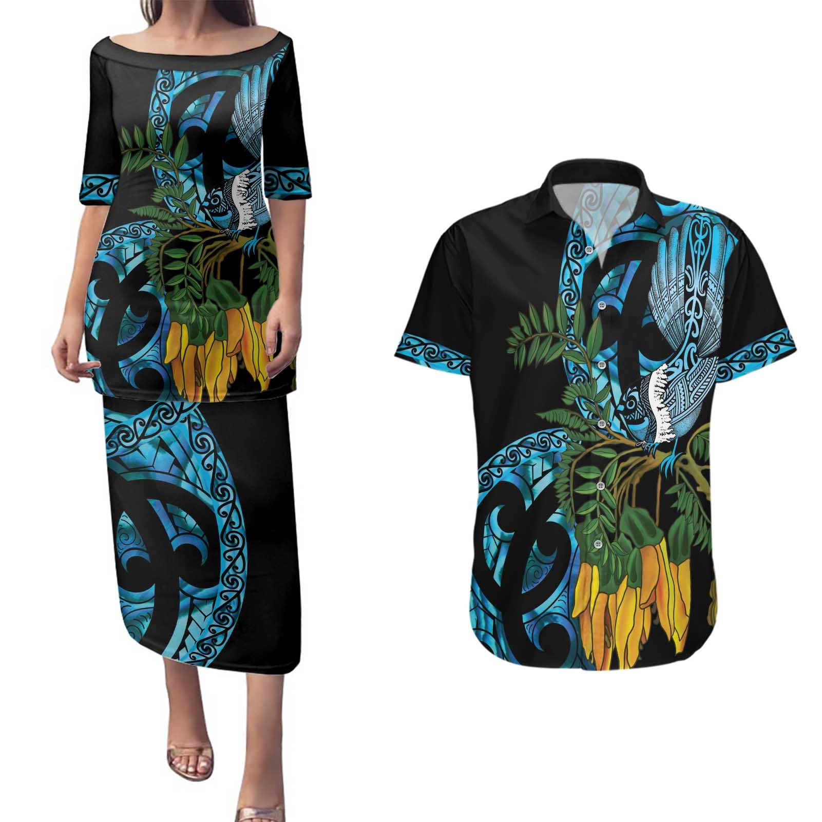 Turquoise New Zealand Kowhai And Piwakawaka Couples Matching Puletasi and Hawaiian Shirt Maori Ngaru Paua Shell