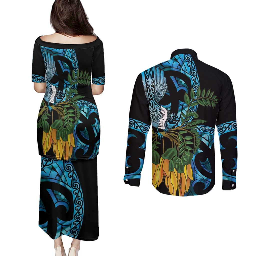 Turquoise New Zealand Kowhai And Piwakawaka Couples Matching Puletasi and Long Sleeve Button Shirt Maori Ngaru Paua Shell