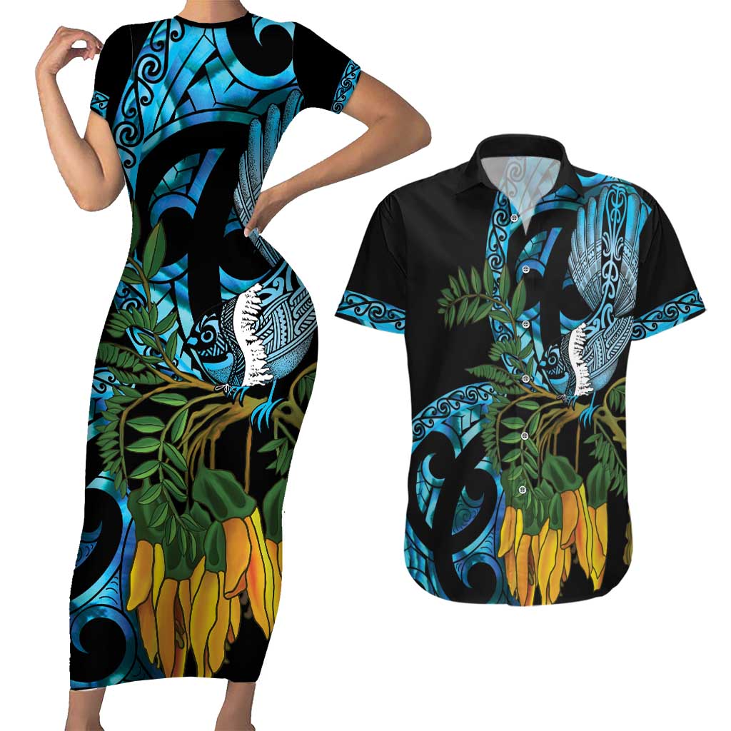 Turquoise New Zealand Kowhai And Piwakawaka Couples Matching Short Sleeve Bodycon Dress and Hawaiian Shirt Maori Ngaru Paua Shell