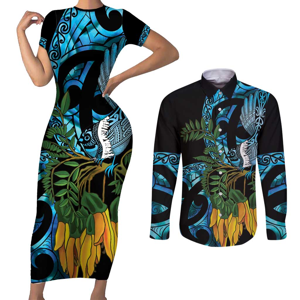 Turquoise New Zealand Kowhai And Piwakawaka Couples Matching Short Sleeve Bodycon Dress and Long Sleeve Button Shirt Maori Ngaru Paua Shell