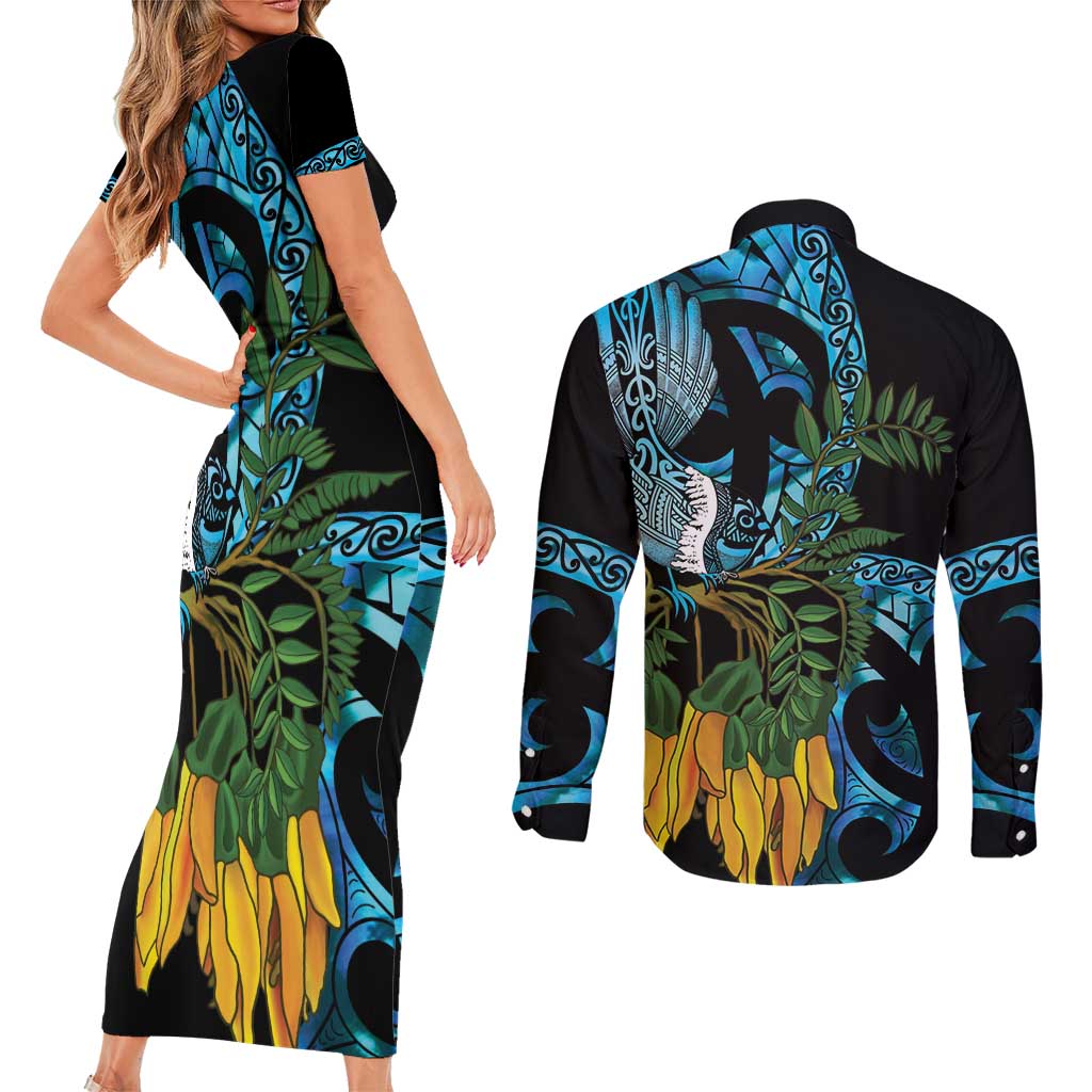 Turquoise New Zealand Kowhai And Piwakawaka Couples Matching Short Sleeve Bodycon Dress and Long Sleeve Button Shirt Maori Ngaru Paua Shell