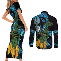 Turquoise New Zealand Kowhai And Piwakawaka Couples Matching Short Sleeve Bodycon Dress and Long Sleeve Button Shirt Maori Ngaru Paua Shell