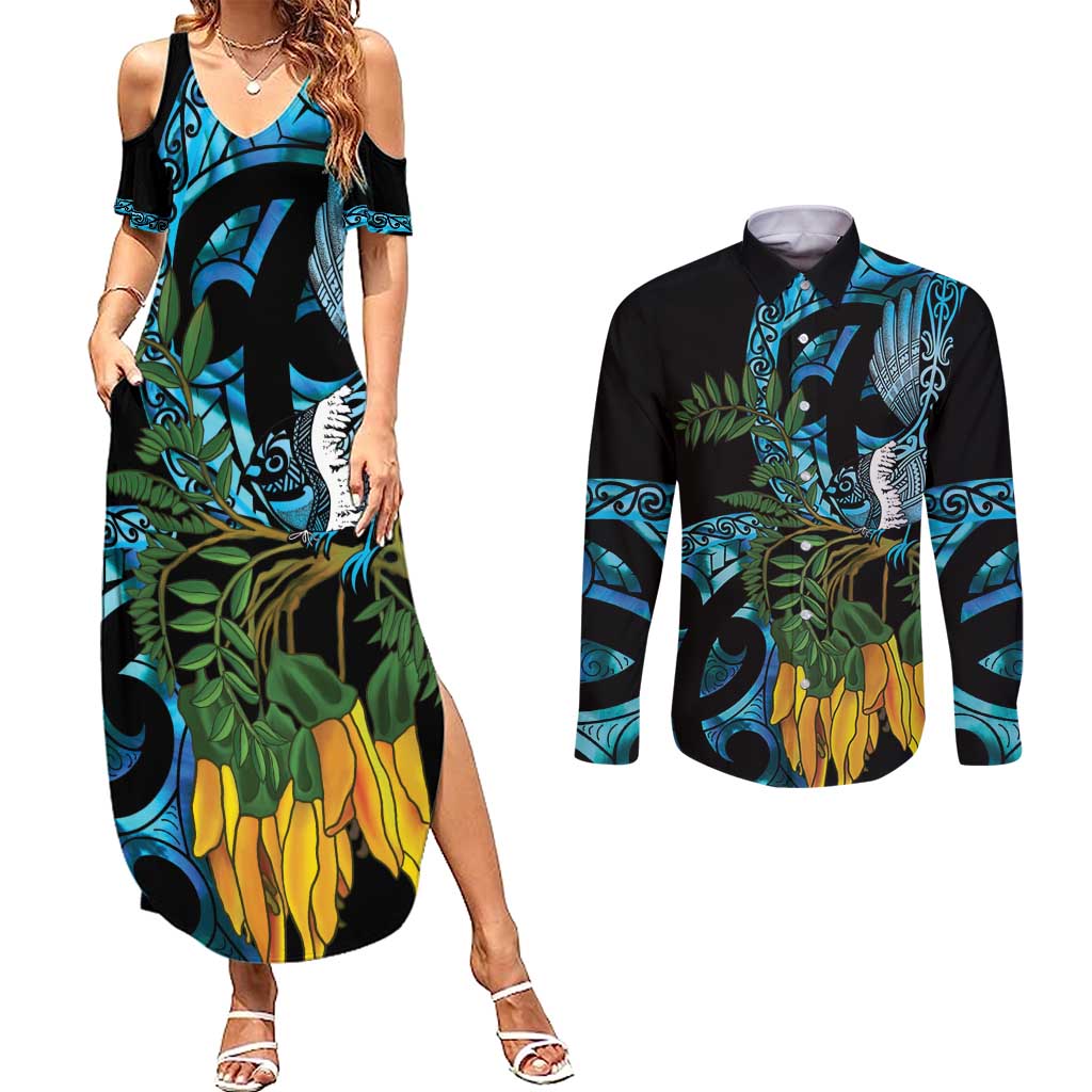Turquoise New Zealand Kowhai And Piwakawaka Couples Matching Summer Maxi Dress and Long Sleeve Button Shirt Maori Ngaru Paua Shell