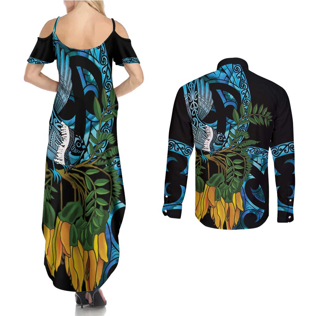 Turquoise New Zealand Kowhai And Piwakawaka Couples Matching Summer Maxi Dress and Long Sleeve Button Shirt Maori Ngaru Paua Shell