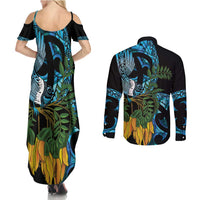 Turquoise New Zealand Kowhai And Piwakawaka Couples Matching Summer Maxi Dress and Long Sleeve Button Shirt Maori Ngaru Paua Shell