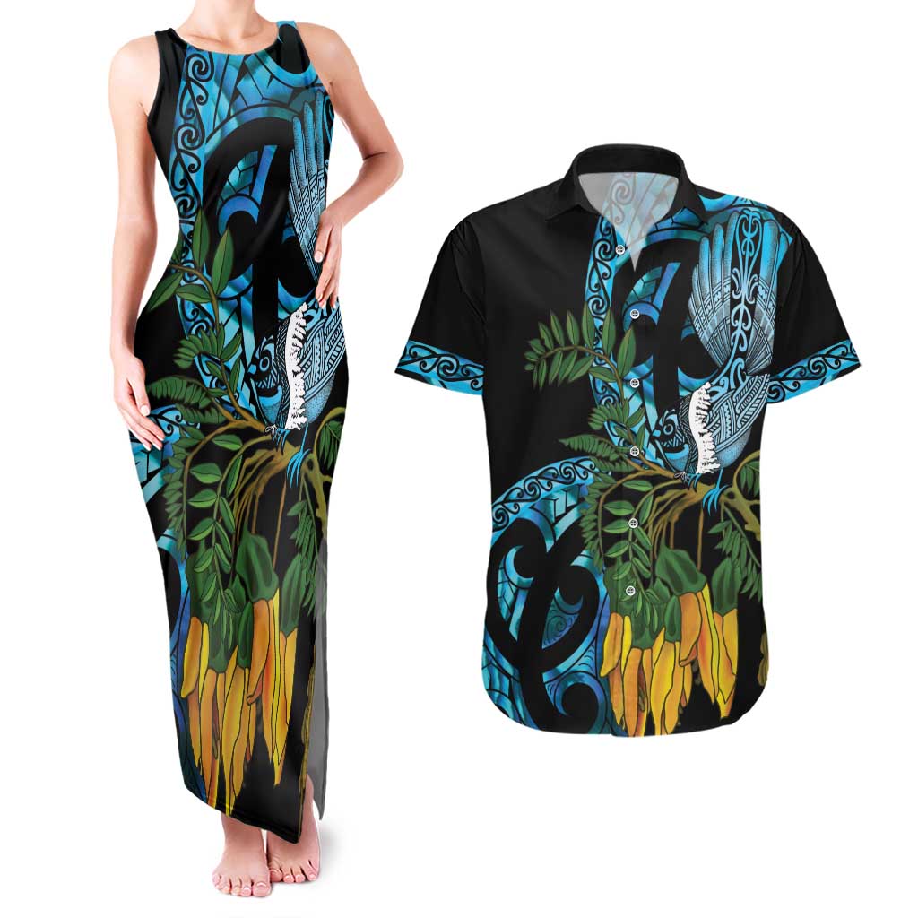 Turquoise New Zealand Kowhai And Piwakawaka Couples Matching Tank Maxi Dress and Hawaiian Shirt Maori Ngaru Paua Shell