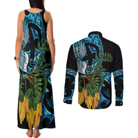 Turquoise New Zealand Kowhai And Piwakawaka Couples Matching Tank Maxi Dress and Long Sleeve Button Shirt Maori Ngaru Paua Shell