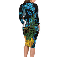 Turquoise New Zealand Kowhai And Piwakawaka Family Matching Long Sleeve Bodycon Dress and Hawaiian Shirt Maori Ngaru Paua Shell
