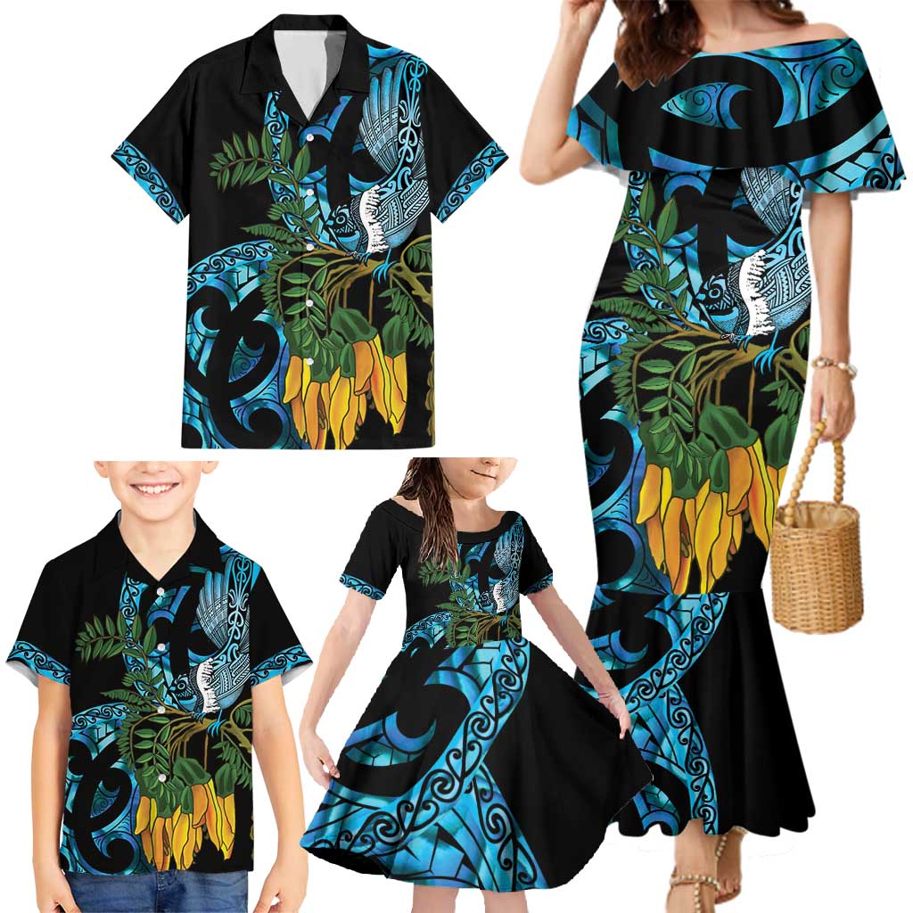 Turquoise New Zealand Kowhai And Piwakawaka Family Matching Mermaid Dress and Hawaiian Shirt Maori Ngaru Paua Shell