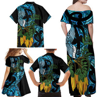 Turquoise New Zealand Kowhai And Piwakawaka Family Matching Off Shoulder Maxi Dress and Hawaiian Shirt Maori Ngaru Paua Shell