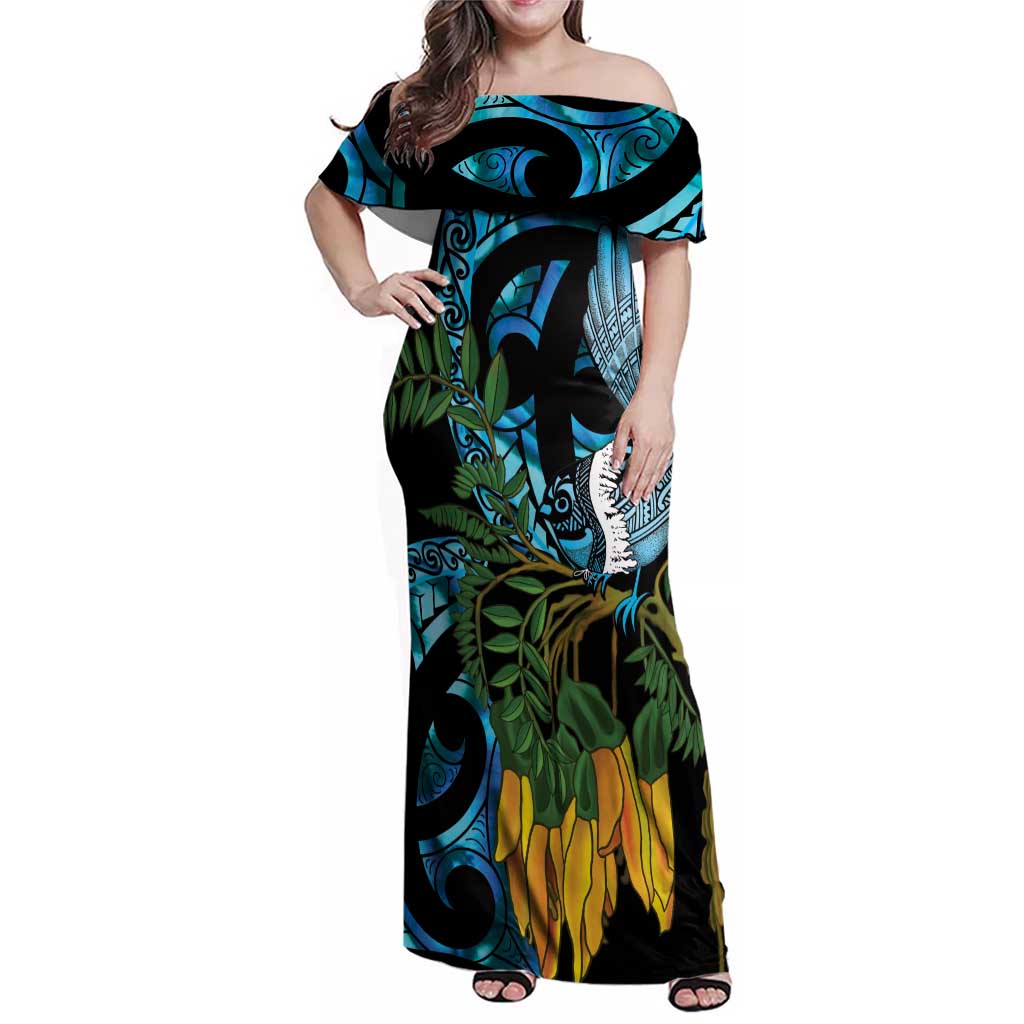 Turquoise New Zealand Kowhai And Piwakawaka Family Matching Off Shoulder Maxi Dress and Hawaiian Shirt Maori Ngaru Paua Shell