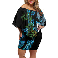 Turquoise New Zealand Kowhai And Piwakawaka Family Matching Off Shoulder Short Dress and Hawaiian Shirt Maori Ngaru Paua Shell