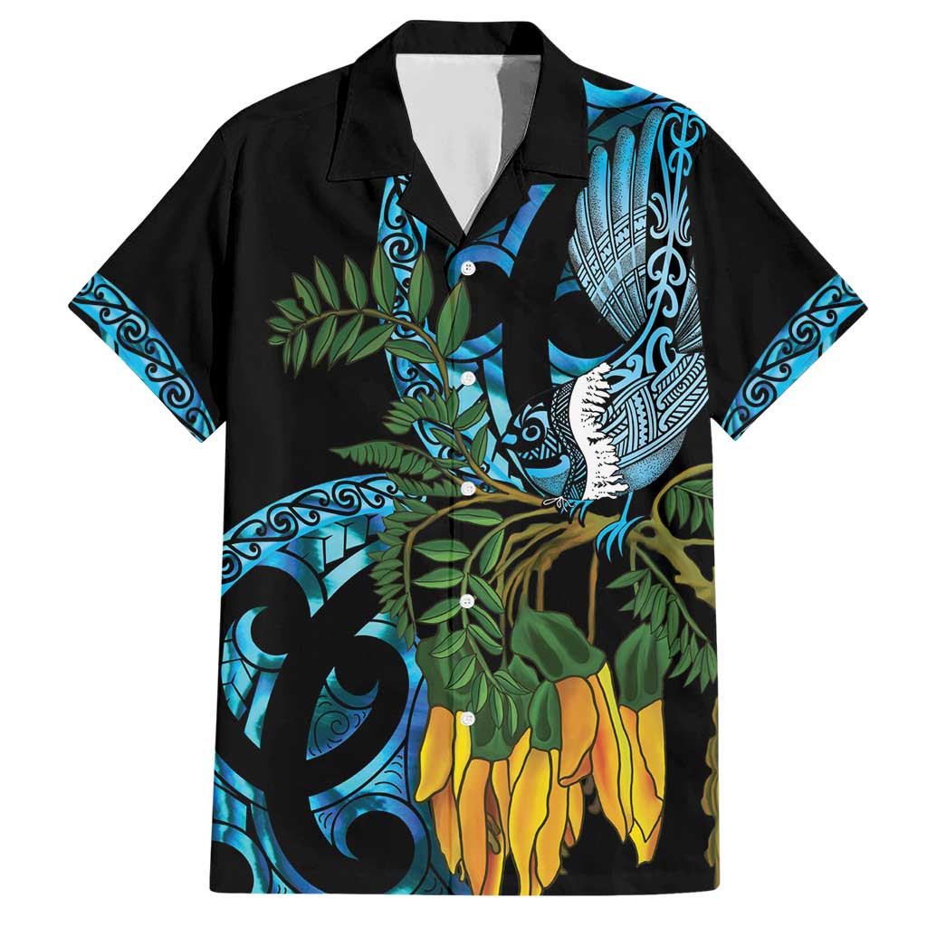 Turquoise New Zealand Kowhai And Piwakawaka Family Matching Short Sleeve Bodycon Dress and Hawaiian Shirt Maori Ngaru Paua Shell
