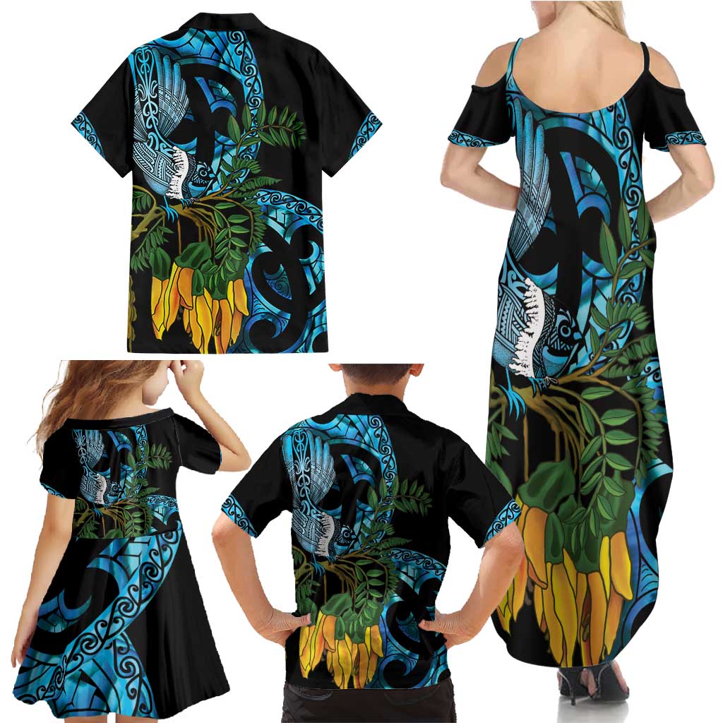 Turquoise New Zealand Kowhai And Piwakawaka Family Matching Summer Maxi Dress and Hawaiian Shirt Maori Ngaru Paua Shell