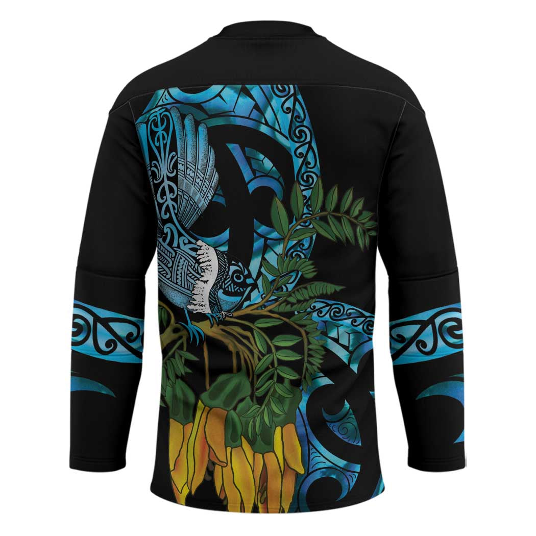 Turquoise New Zealand Kowhai And Piwakawaka Hockey Jersey Maori Ngaru Paua Shell - Polynesian Pride