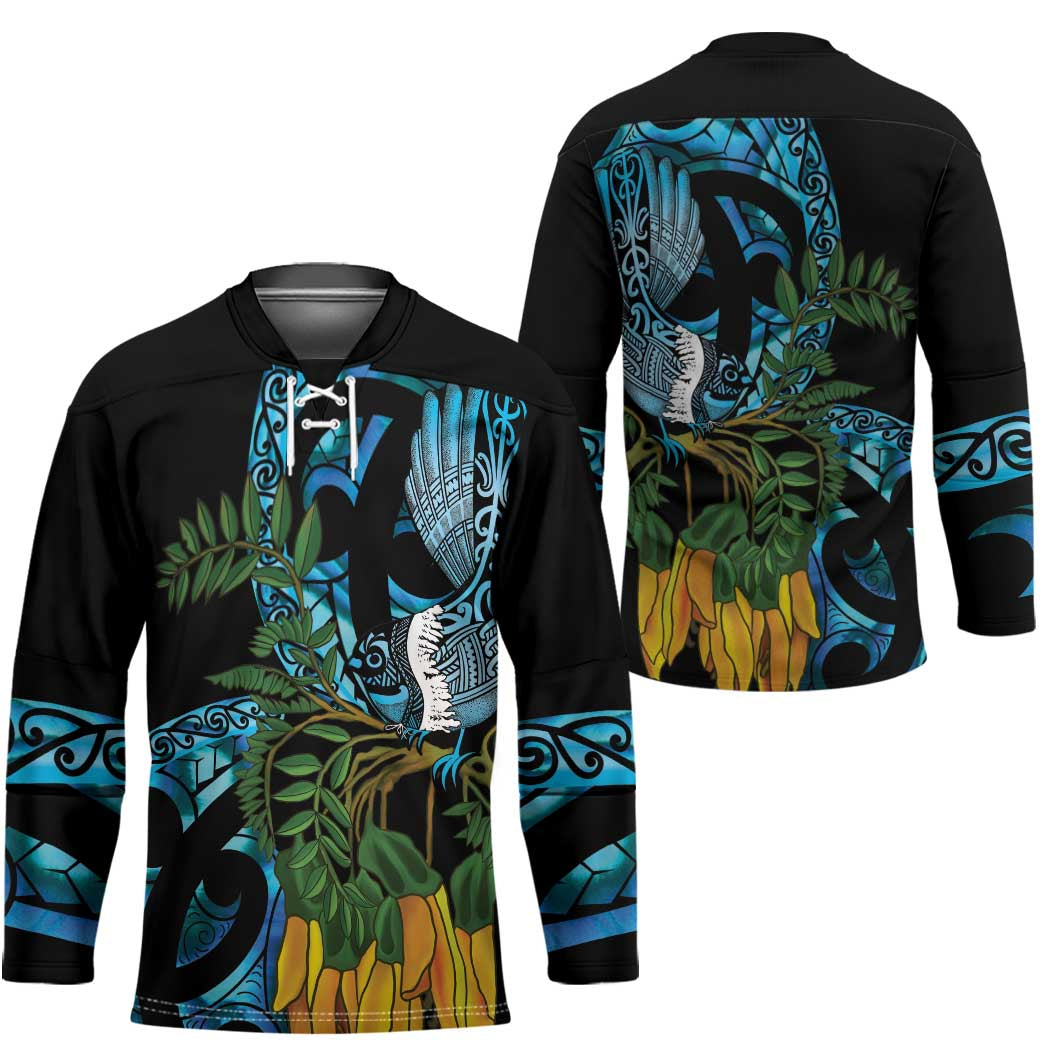 Turquoise New Zealand Kowhai And Piwakawaka Hockey Jersey Maori Ngaru Paua Shell - Polynesian Pride