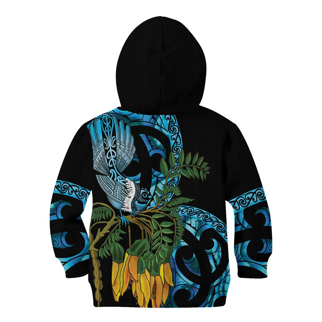 Turquoise New Zealand Kowhai And Piwakawaka Kid Hoodie Maori Ngaru Paua Shell