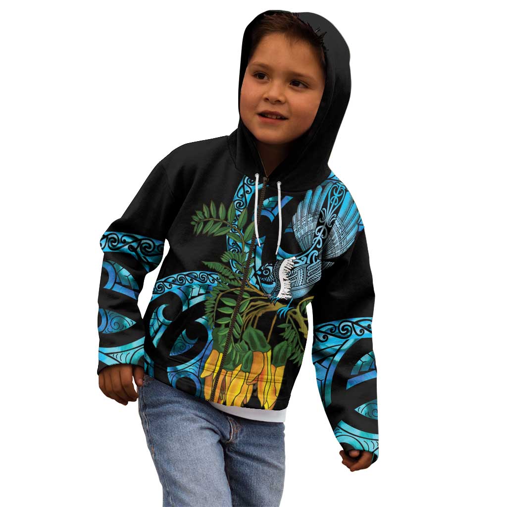 Turquoise New Zealand Kowhai And Piwakawaka Kid Hoodie Maori Ngaru Paua Shell