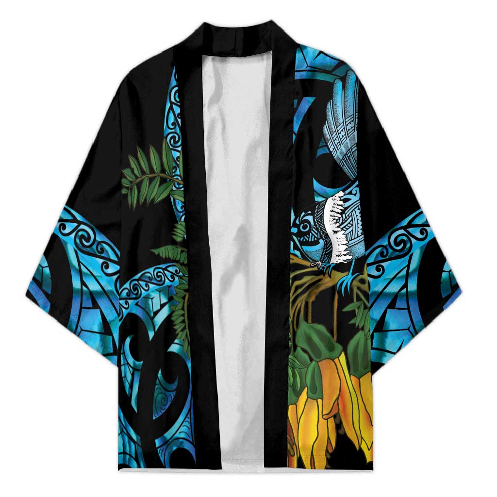 Turquoise New Zealand Kowhai And Piwakawaka Kimono Maori Ngaru Paua Shell - Polynesian Pride