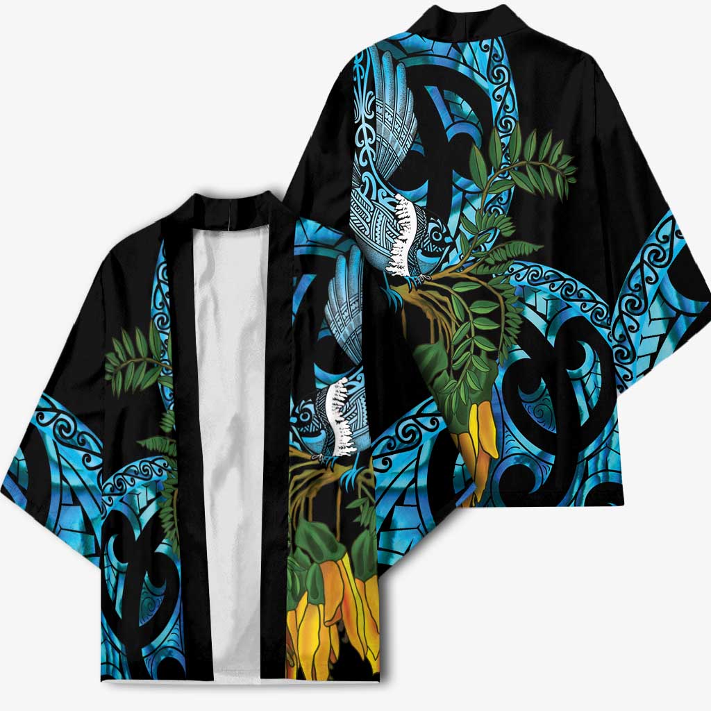Turquoise New Zealand Kowhai And Piwakawaka Kimono Maori Ngaru Paua Shell - Polynesian Pride
