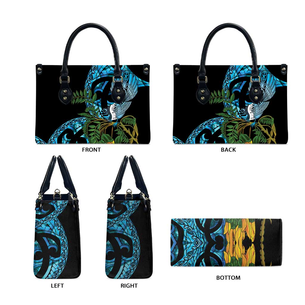 Turquoise New Zealand Kowhai And Piwakawaka Leather Bag Maori Ngaru Paua Shell - Polynesian Pride