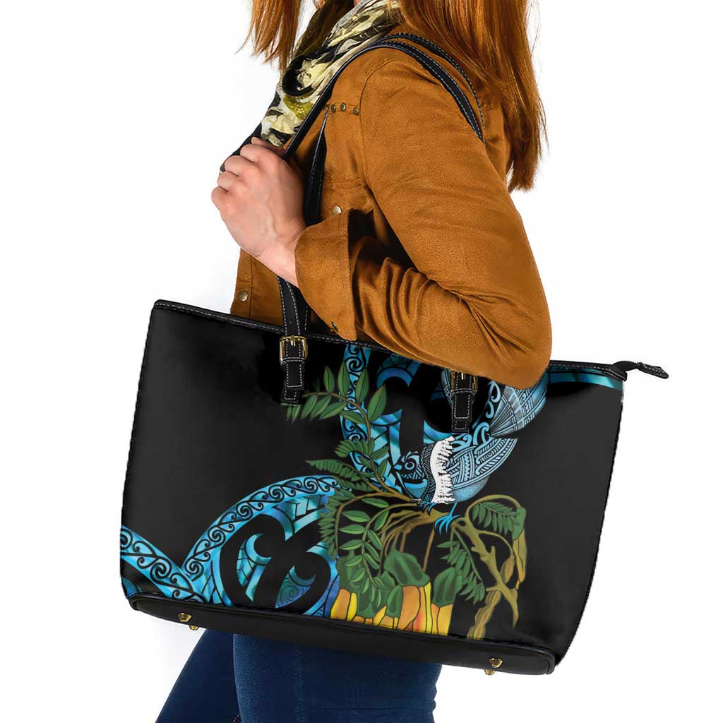 Turquoise New Zealand Kowhai And Piwakawaka Leather Tote Bag Maori Ngaru Paua Shell